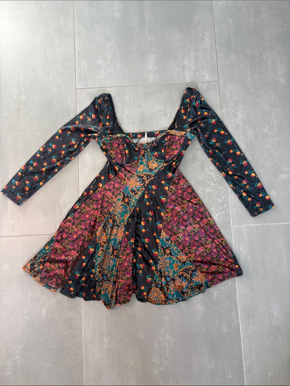 Free People Floral Velvet Long-Sleeve Fit & Flare Dress - Black Multi